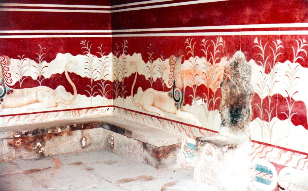 Colourful paintings adorn the walls 