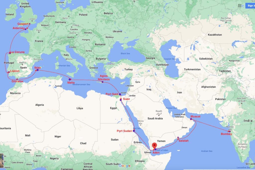 The route of the Gosport (UK) to Bombay (India) voyage in 1984-85
