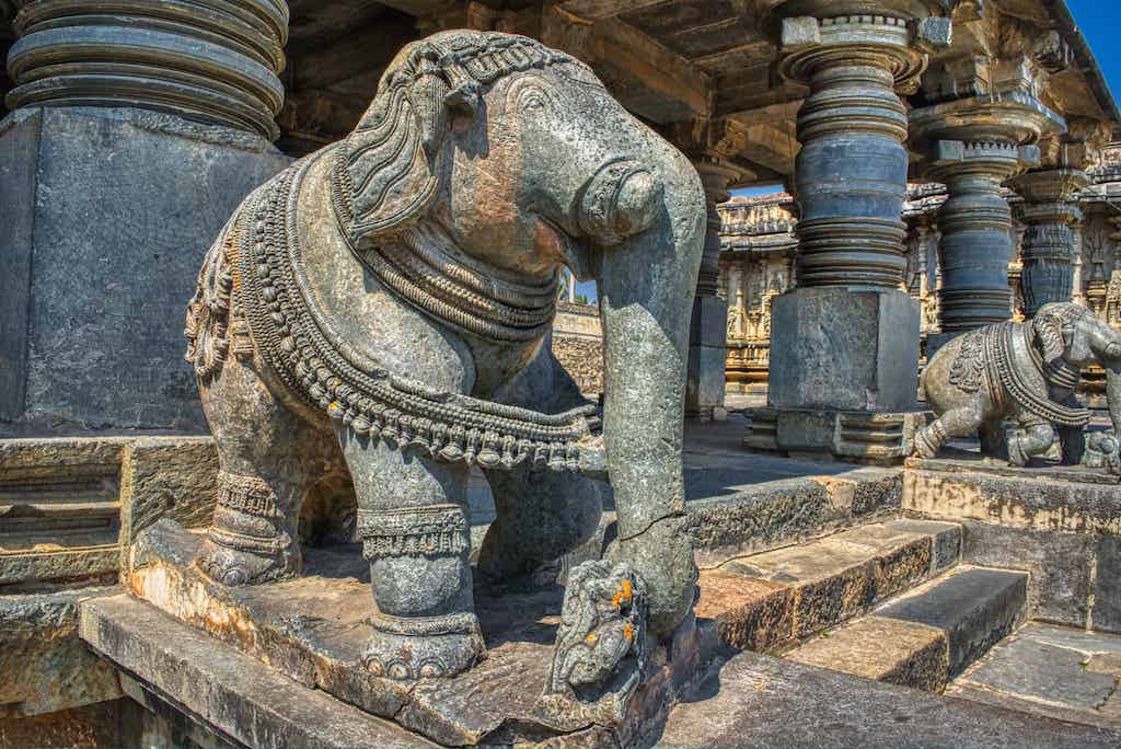 Elephants adorn the steps leading to the Saumyanaki Temple