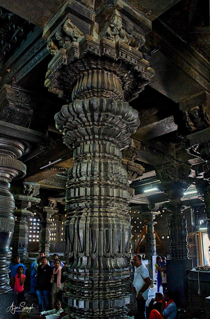 The exquisitely carved lathe-turned columns in the navaranga, each with a unique design
